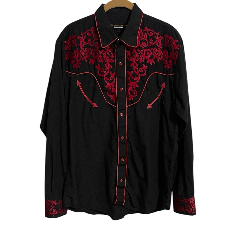 AMERICAN WEST RED & BLACK EMBROIDERED RODEO SHIRT SZ LG EUC - Picture 5 of 13